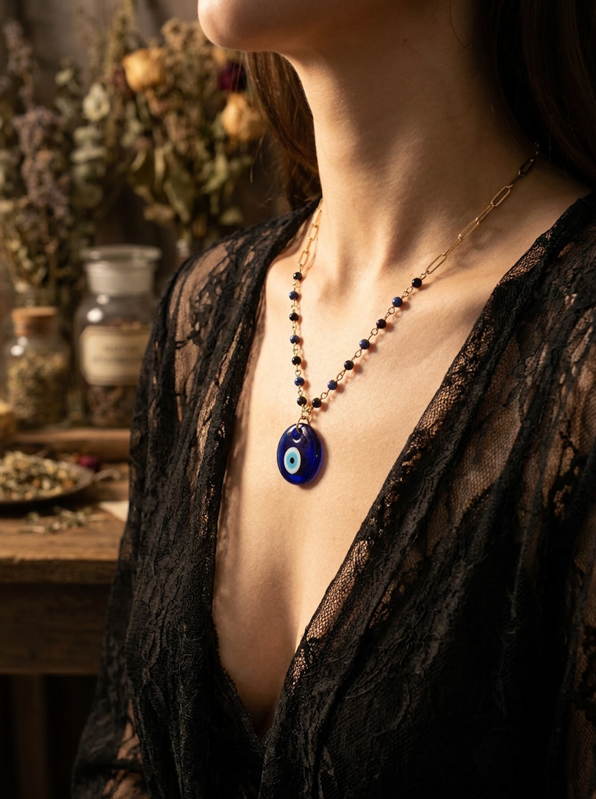 Gold Evil Eye Lapis Lazuli & Black Tourmaline Necklace