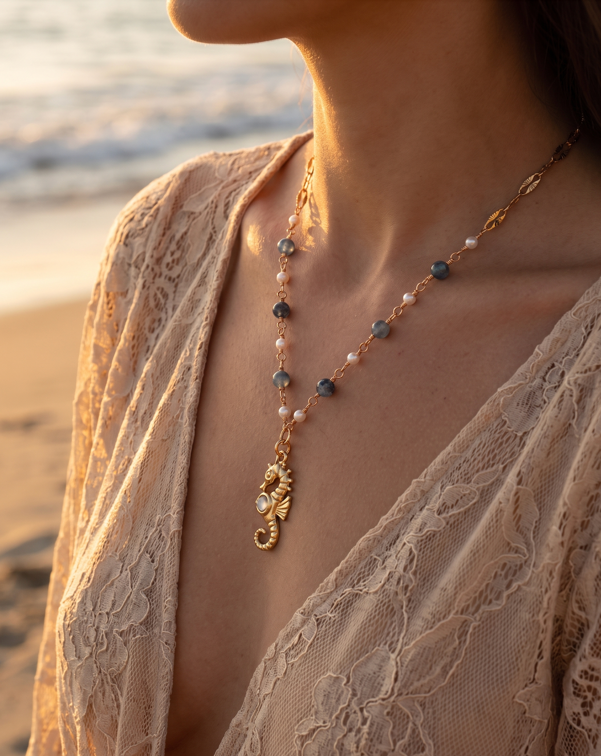 Nacar Seahorse | Pearls & Aquamarine | Gold | Necklace