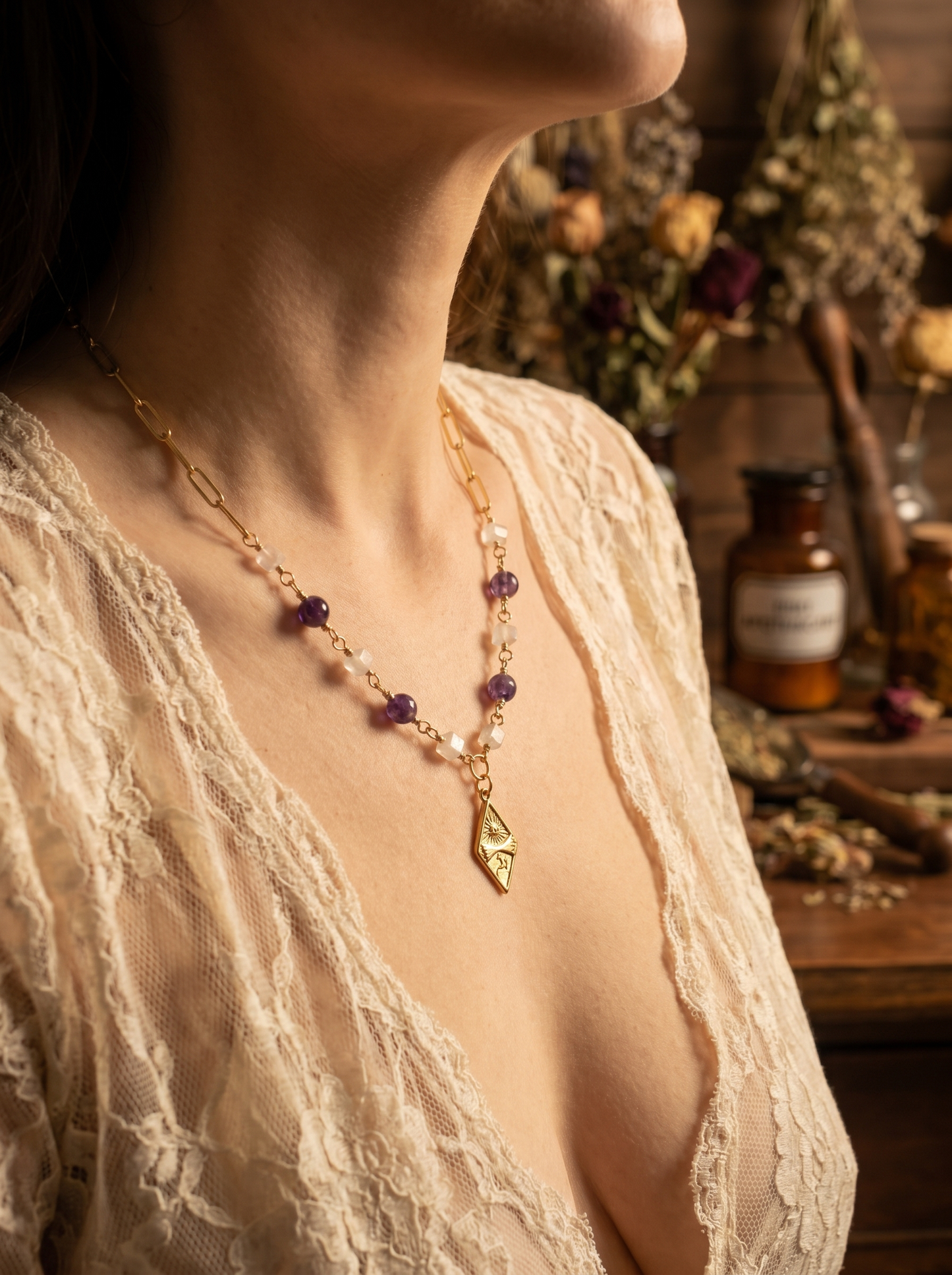 Amethyst & Clear Quartz Sun over Moon Gold Necklace