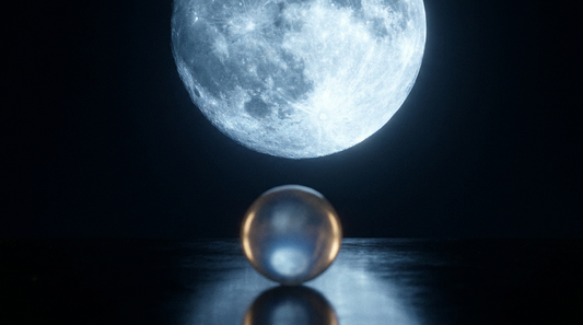 Primer plano de una luna llena azul-plateada en el cielo nocturno, con una esfera de moonstone en primer plano