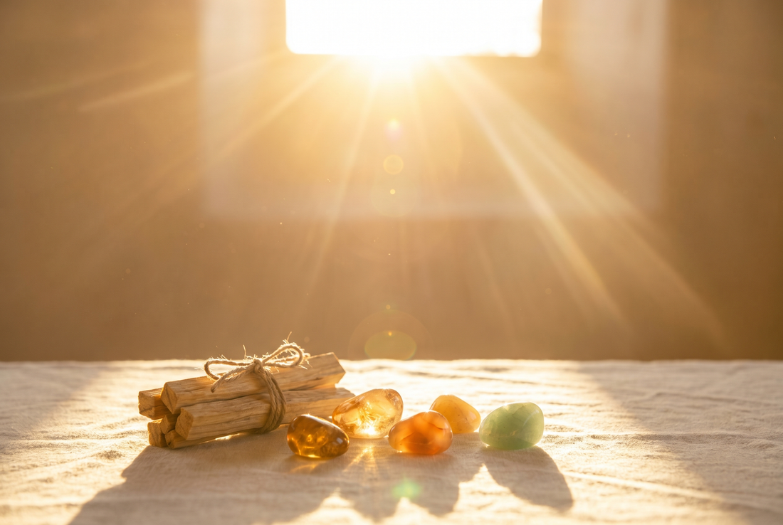 Ritual de solsticio de verano: atado de Palo Santo y cristales cálidos sobre lino, bañados por la luz dorada del sol.