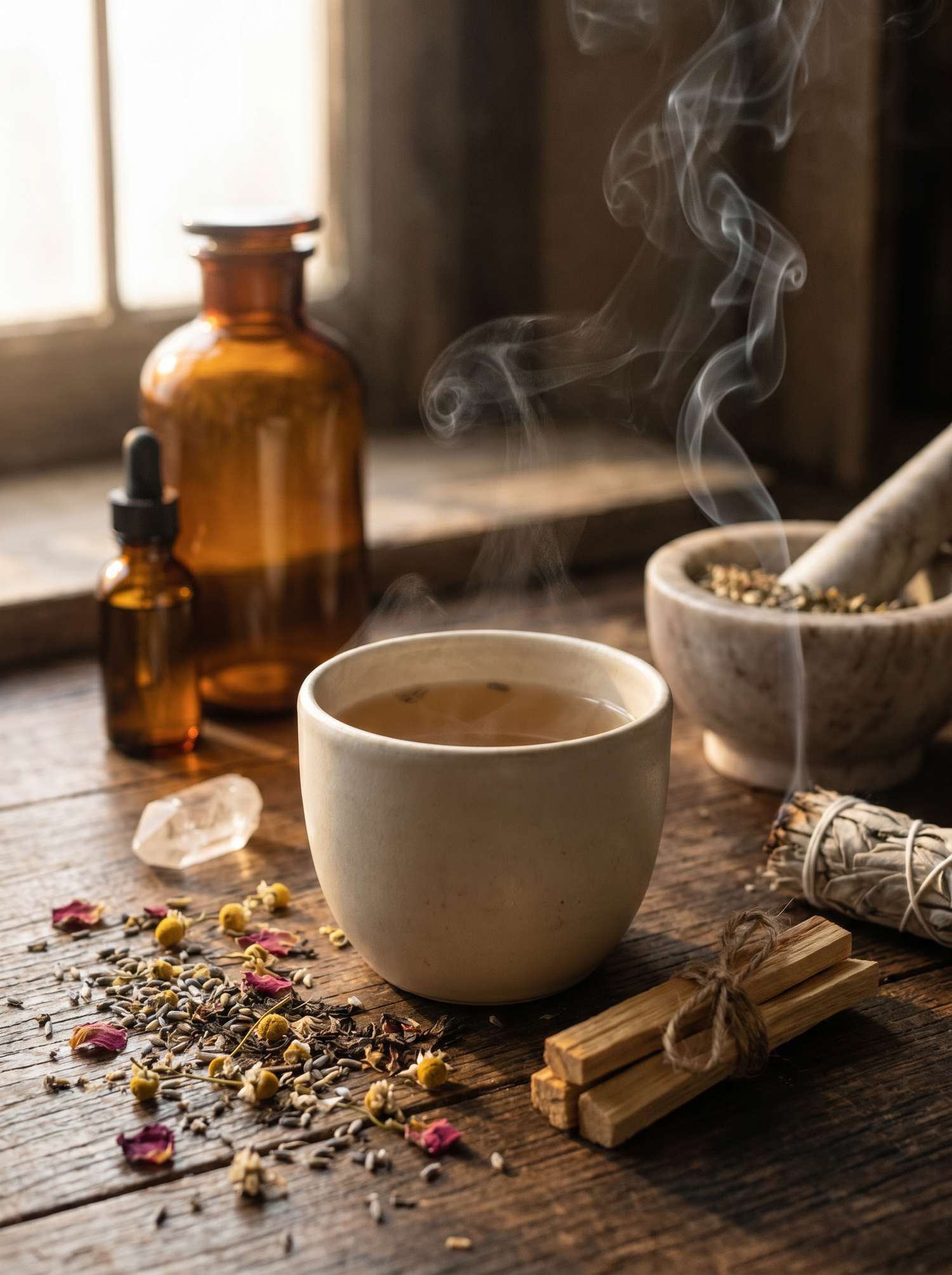Bodegón de apotecario: té de hierbas con vapor, palo santo, salvia, botánicos secos y cuarzo sobre madera cálida — colección Apothecary de Theia Holistic Co.