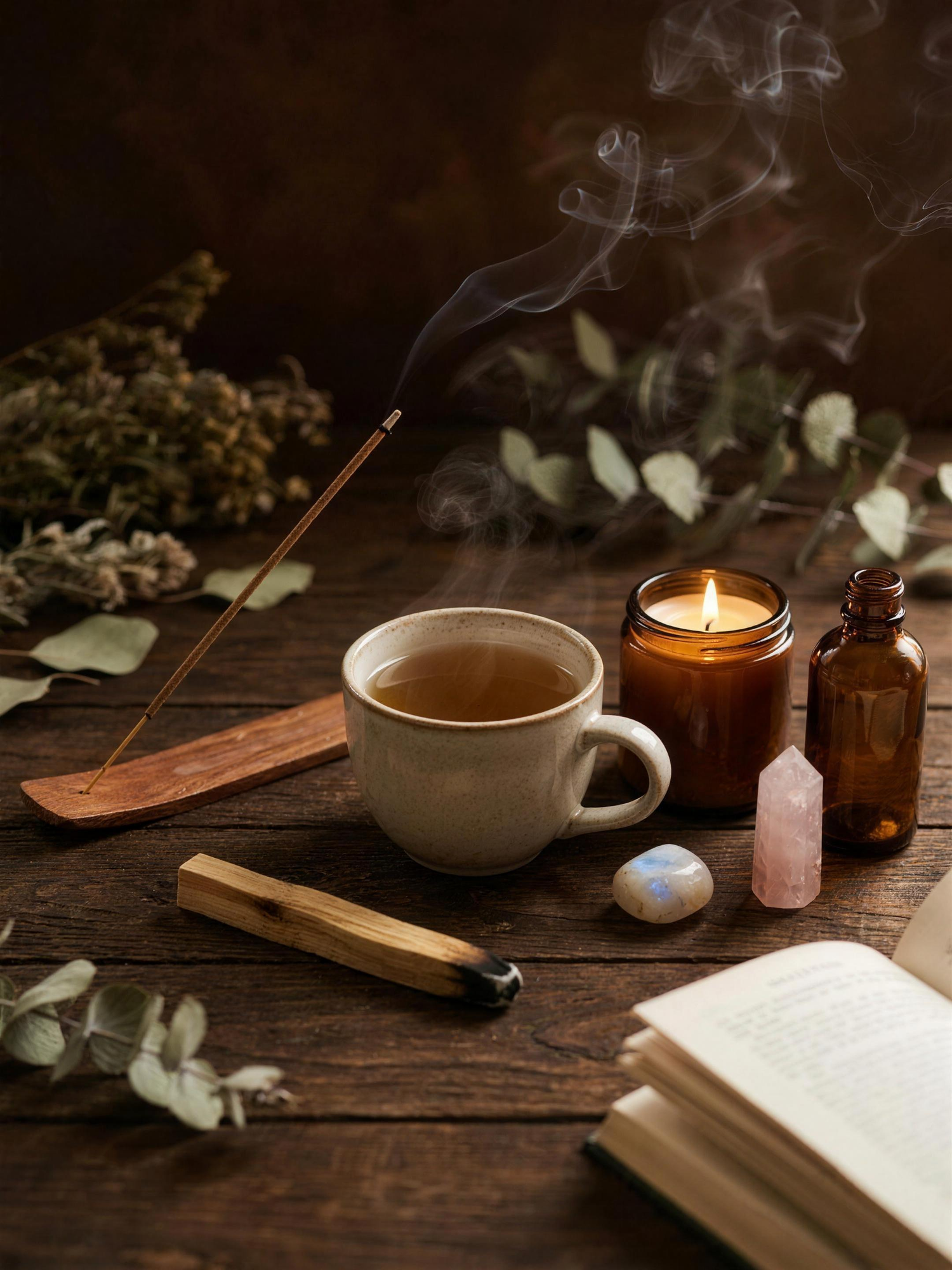 Lo que Usamos: incienso encendido, palo santo, té y cristales sobre madera, Theia Holistic Co.