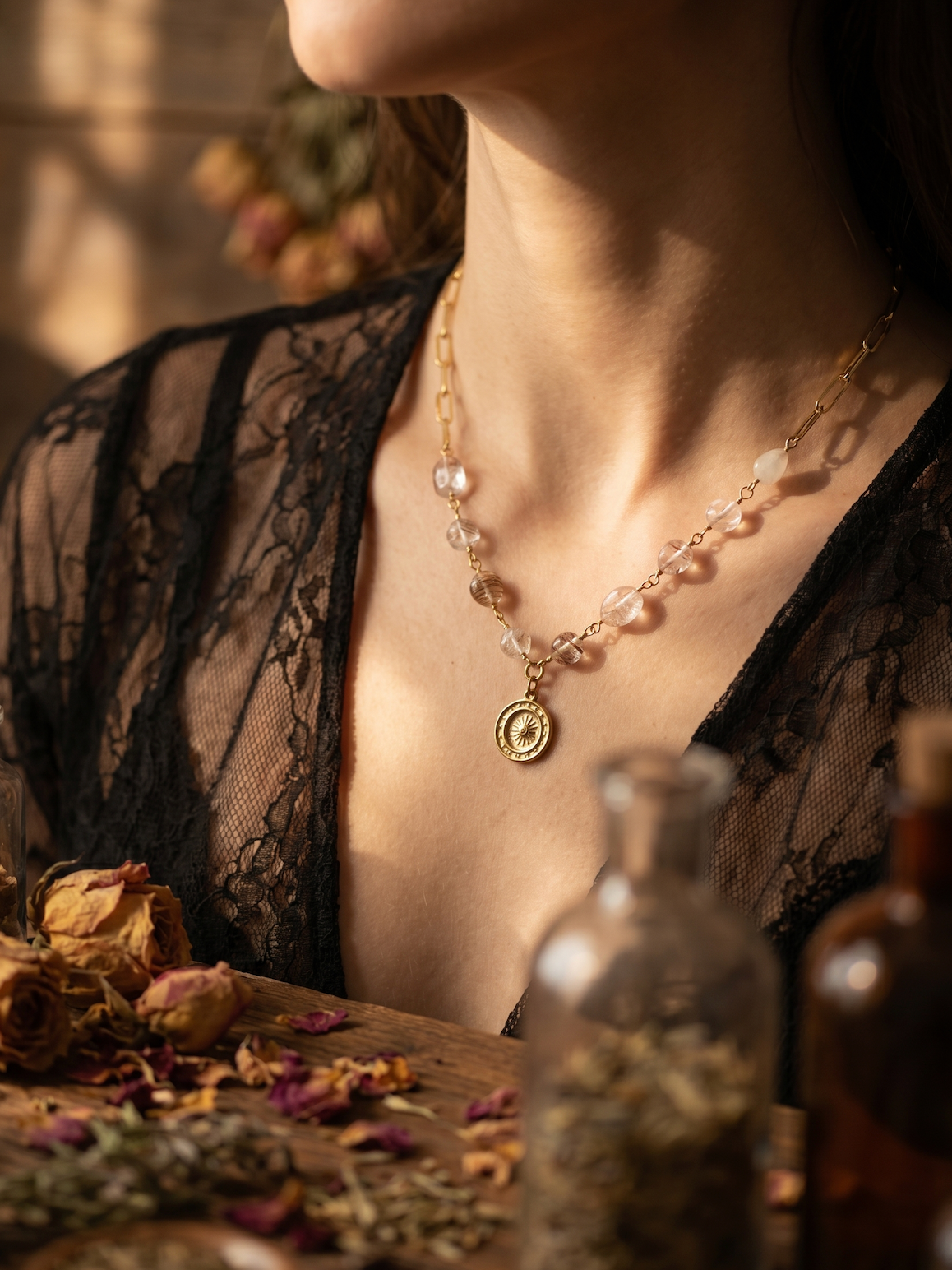 Round Sun Rutile Quartz Necklace