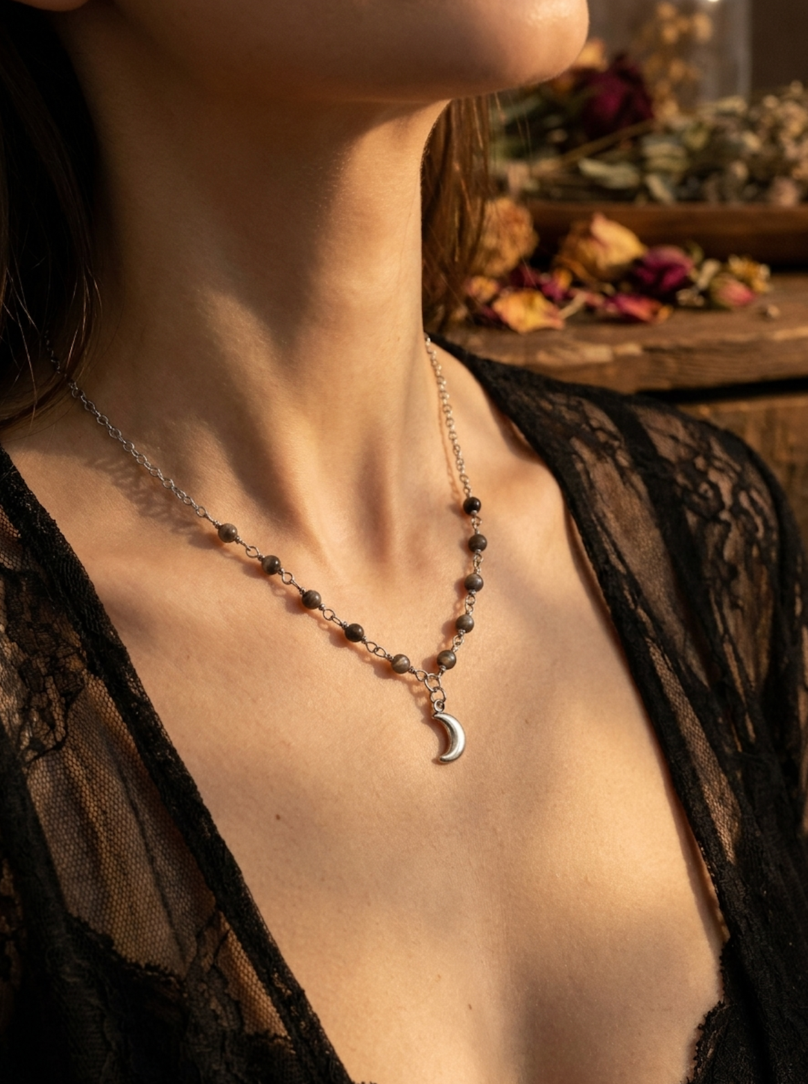 Silver Mini Moon Silver Obsidian Necklace