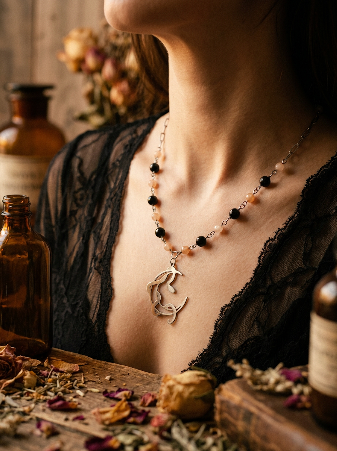 Moon Snake Peach Moonstone & Black Tourmaline Silver Necklace