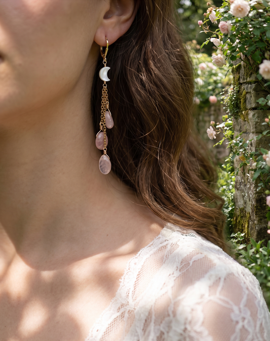 Pearl Moon & Rose Quartz | Gold | Dangle Earrings
