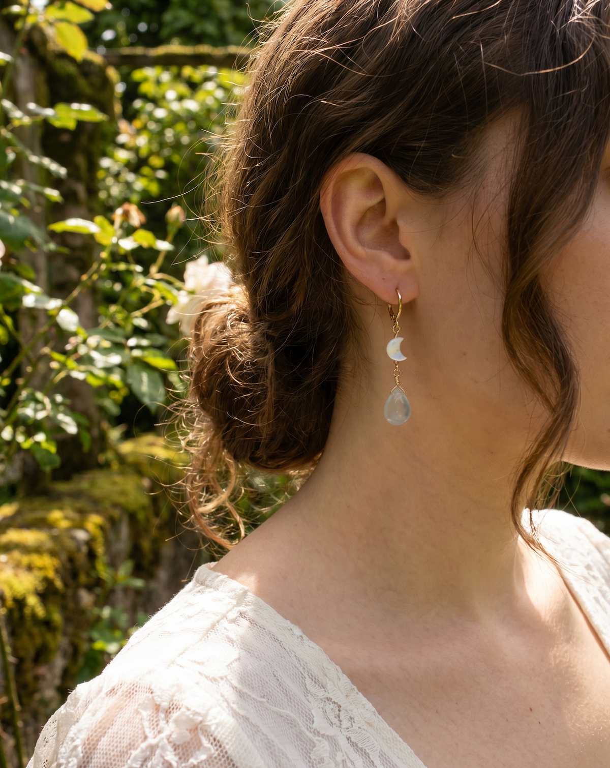Pearl Moon & Aquamarine | Gold | Dangle Earrings