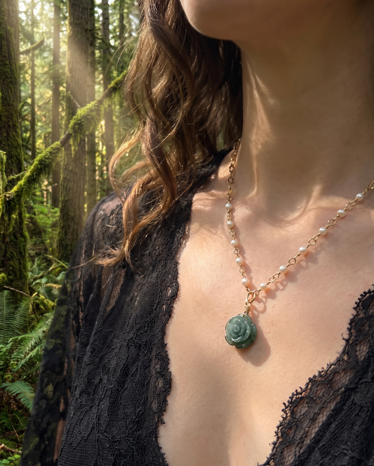 Rose Carving | Guatemalan Jade | Pearls | Gold | Necklace
