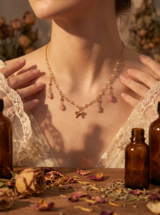 Bow Gold with White Topaz & Mauve Rose Quartz