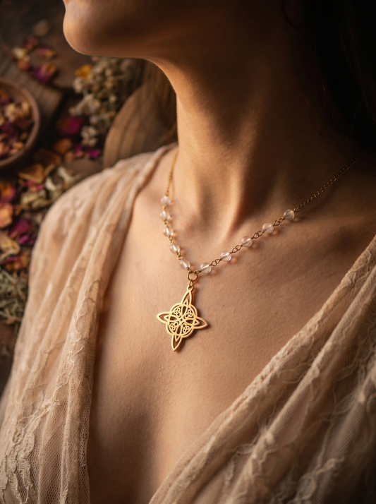 Clear Quartz & Witch’s Knot Gold Necklace