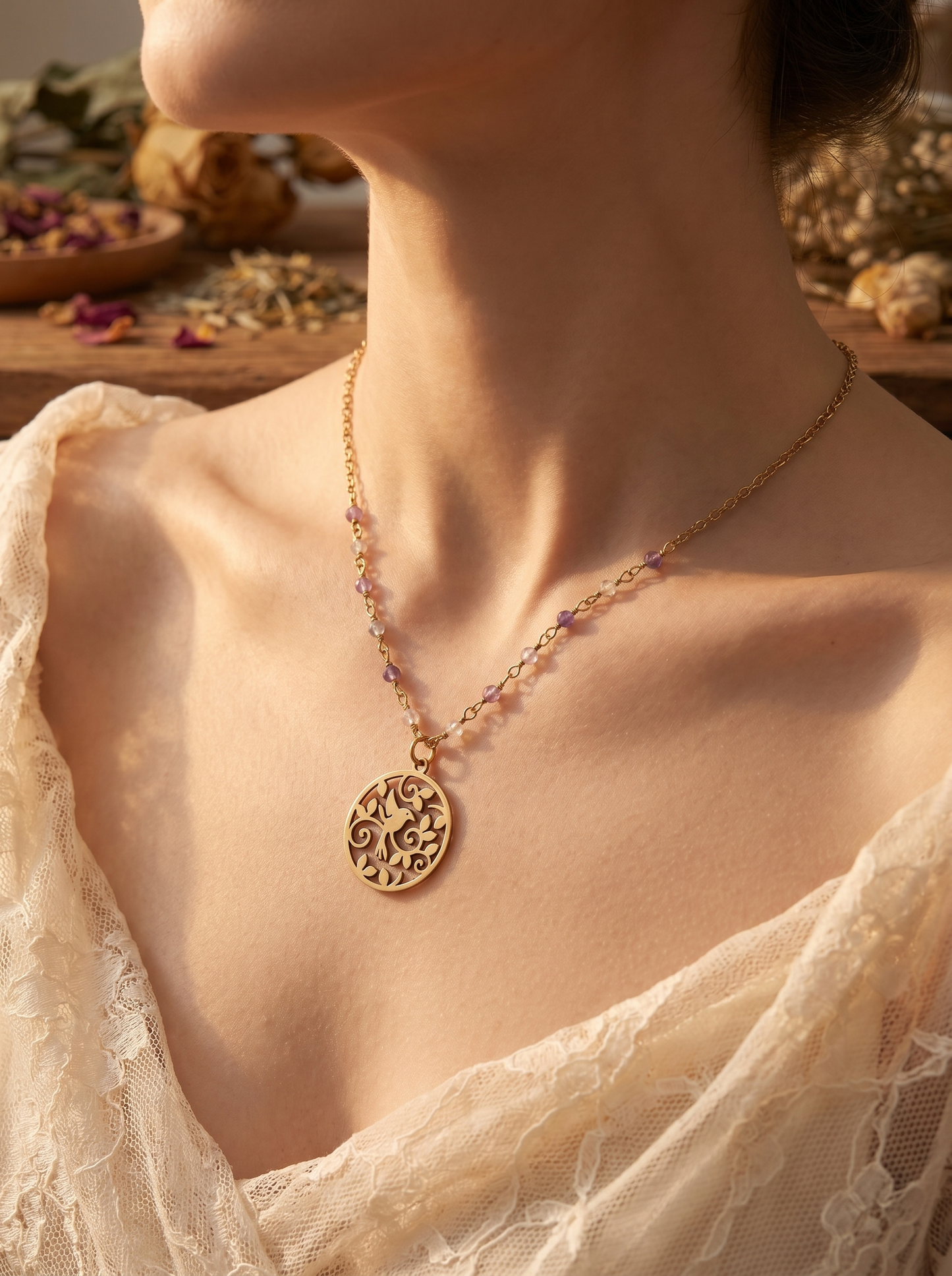 Fluorite & Colibri Gold Necklace