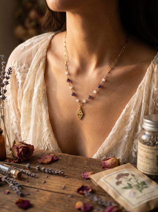 Amethyst & Clear Quartz Sun over Moon Gold Necklace