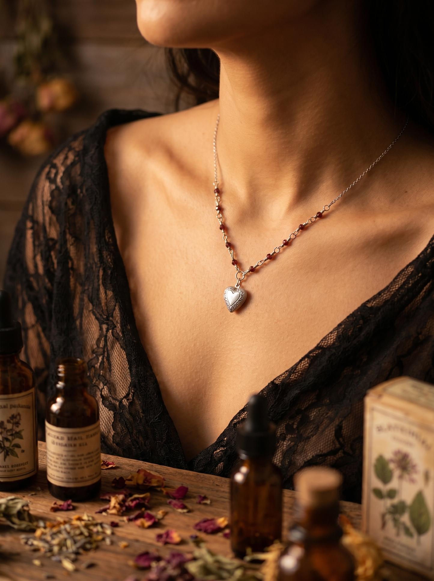 Garnet & Locket Silver Necklace
