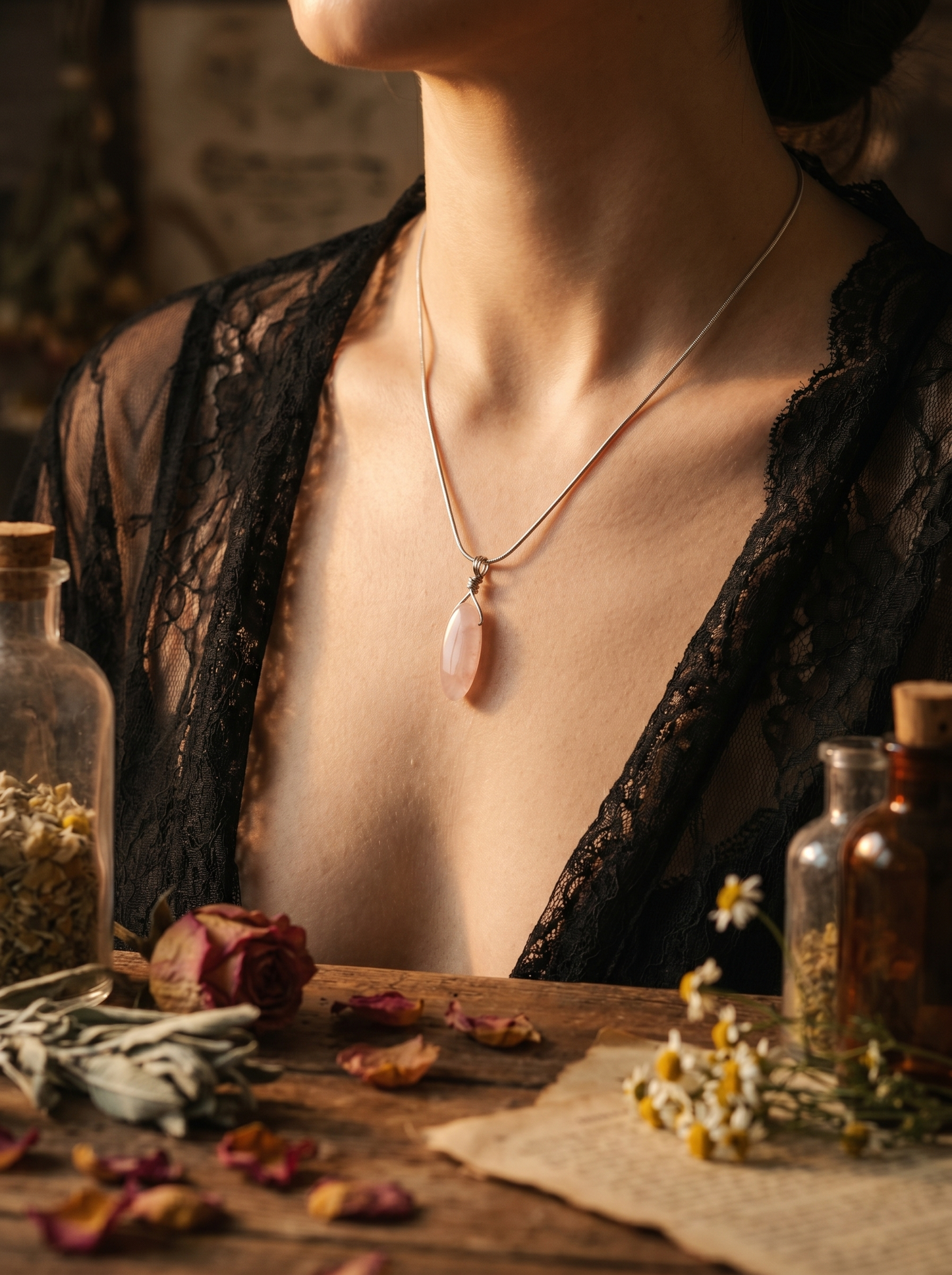 Mauve rose quartz pendant silver necklace
