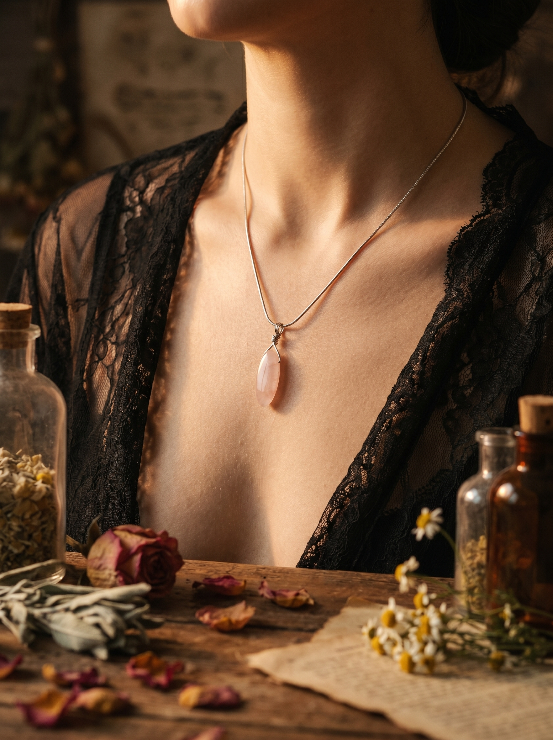 Mauve rose quartz pendant silver necklace