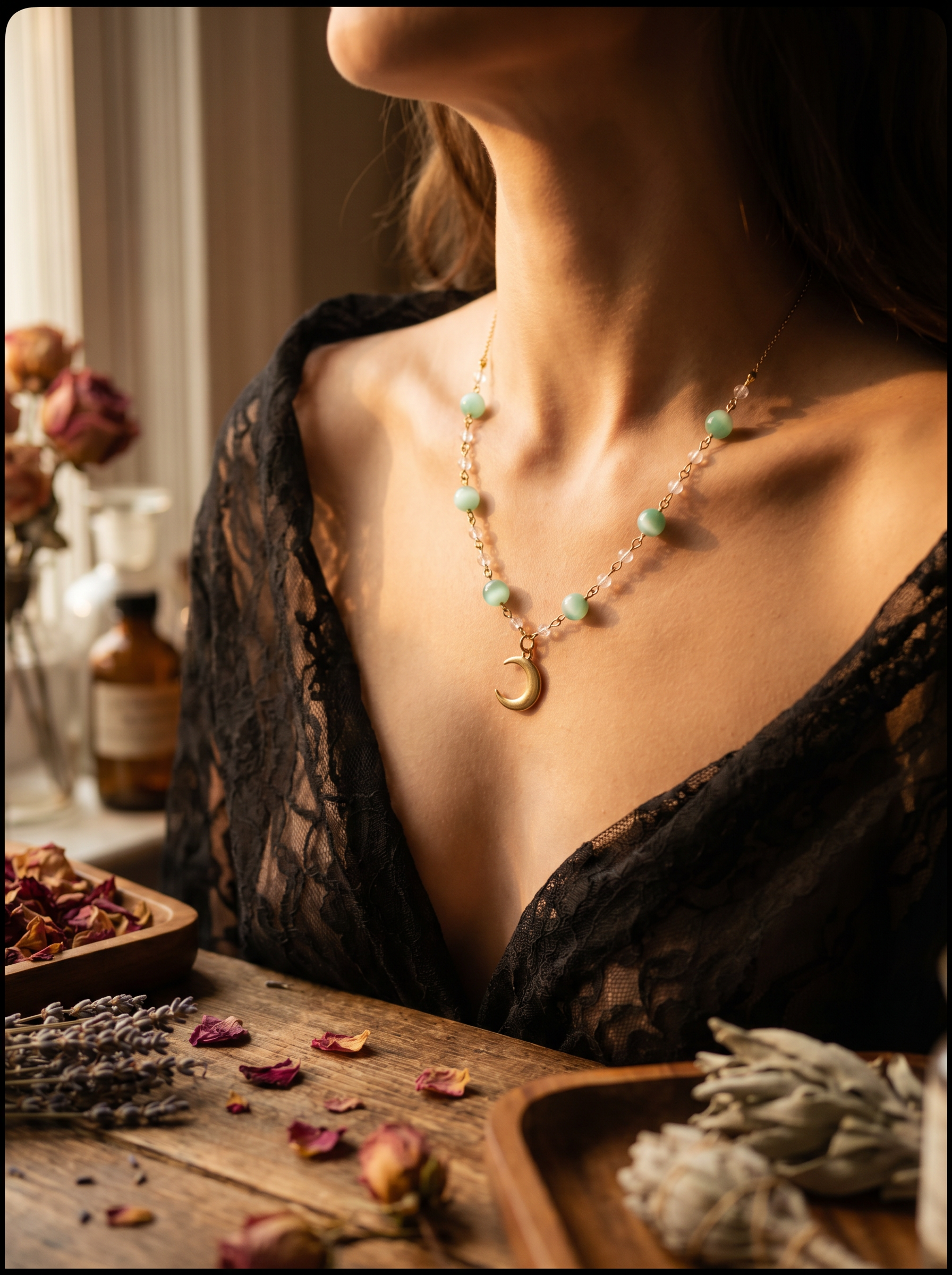 Gold moon angelite and clear quartz necklace