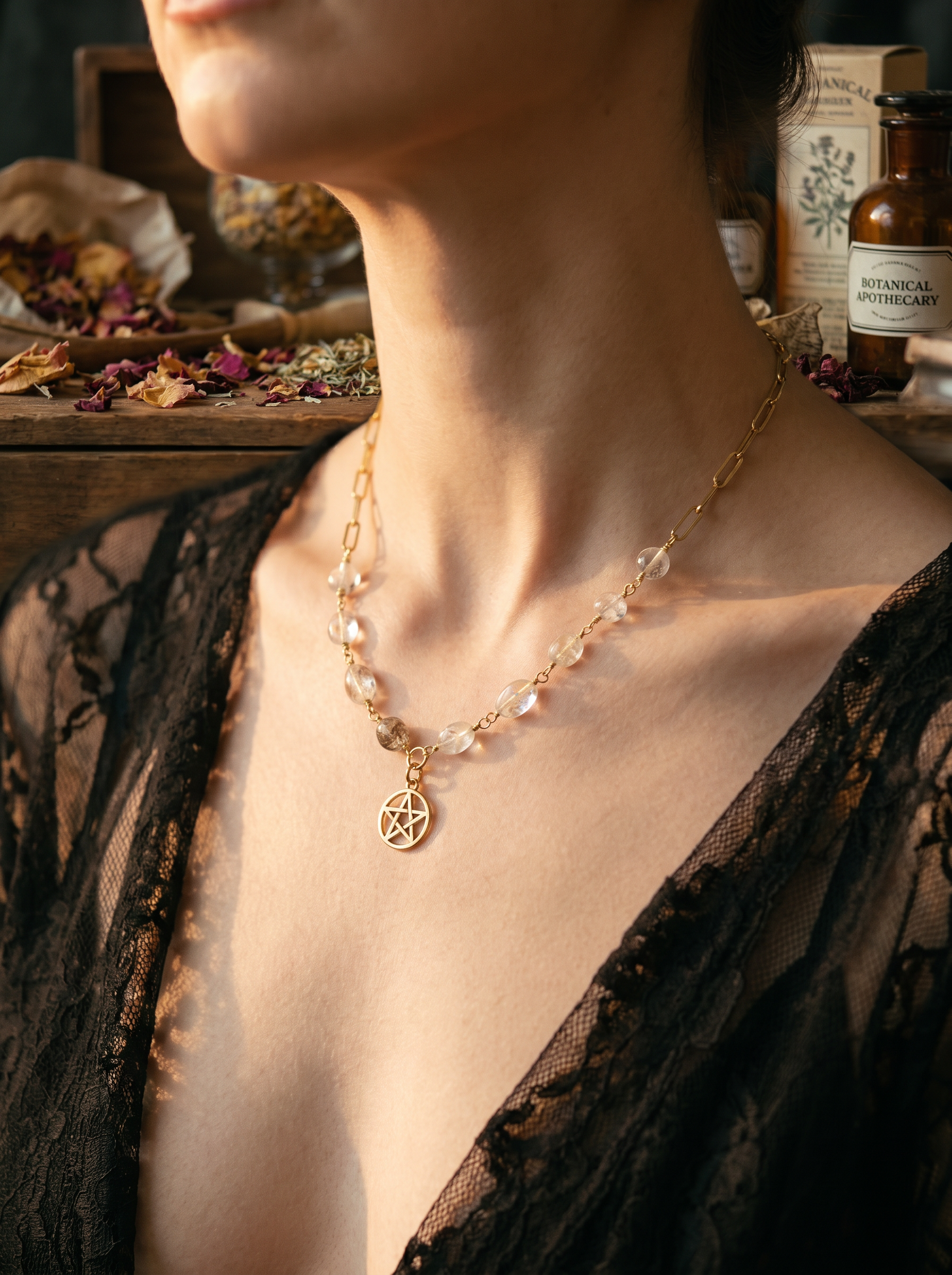 Gold pentacle rutile quartz necklace