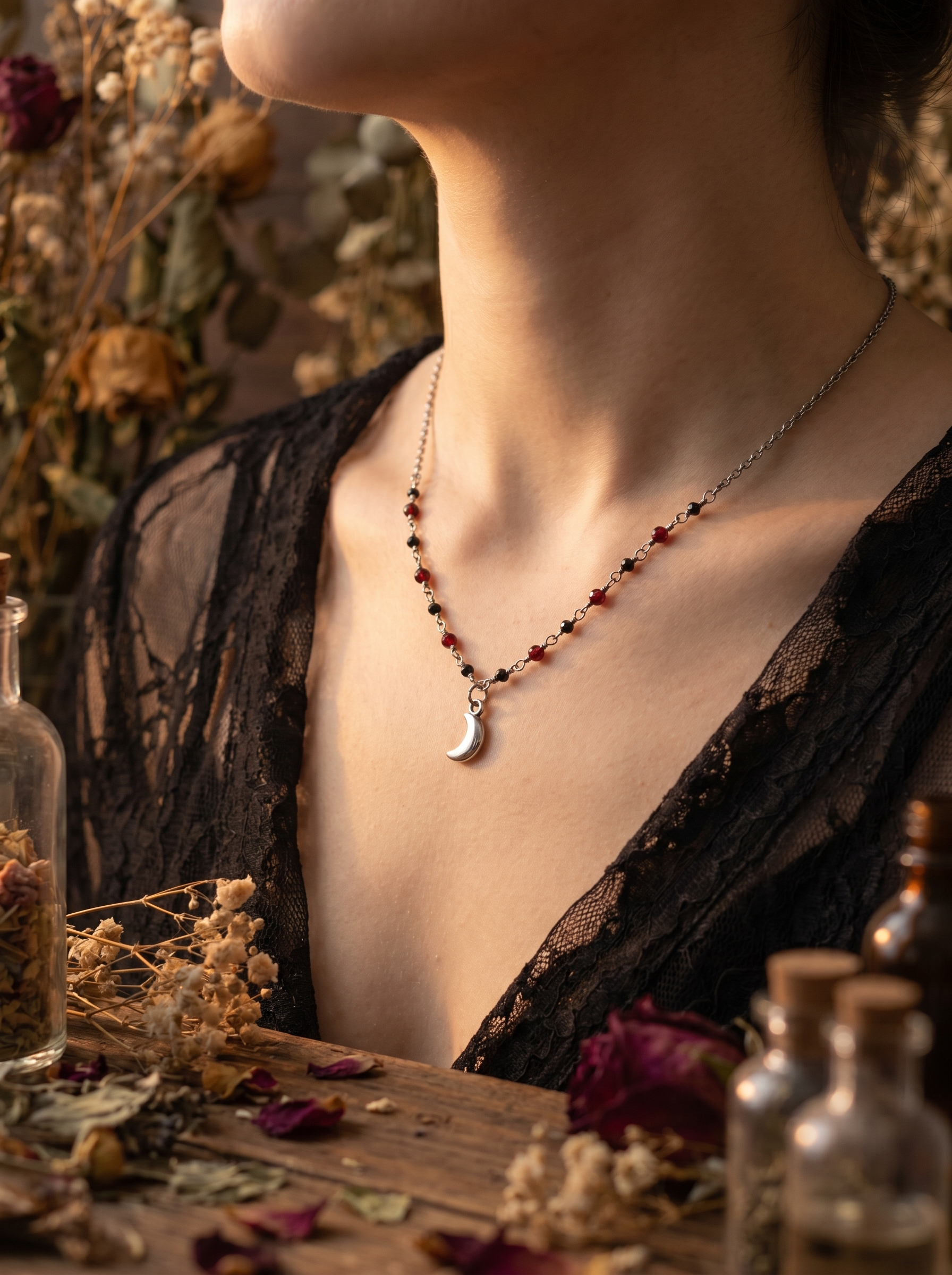 Silver mini moon garnet and onyx necklace