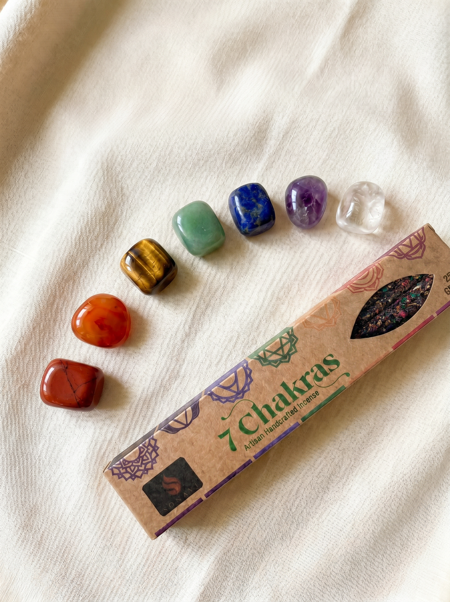 7 Chakra Balance Crystal Set - flat lay with Sonavi 7 Chakras incense