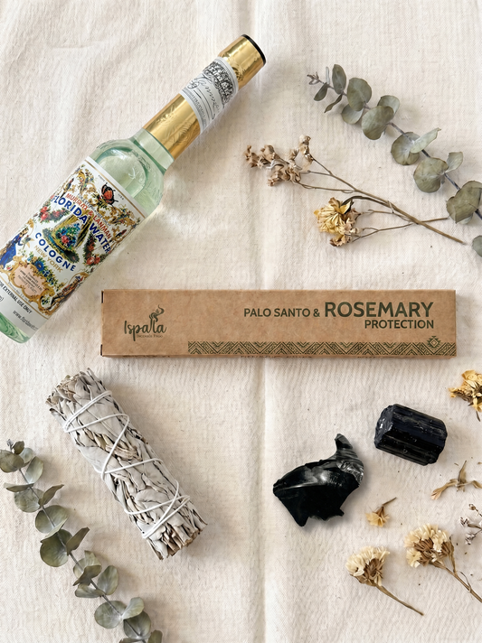 Protection & Cleansing Ritual Set - Florida Water, white sage, raw black obsidian, black tourmaline and Ispalla Palo Santo & Rosemary incense, top-down