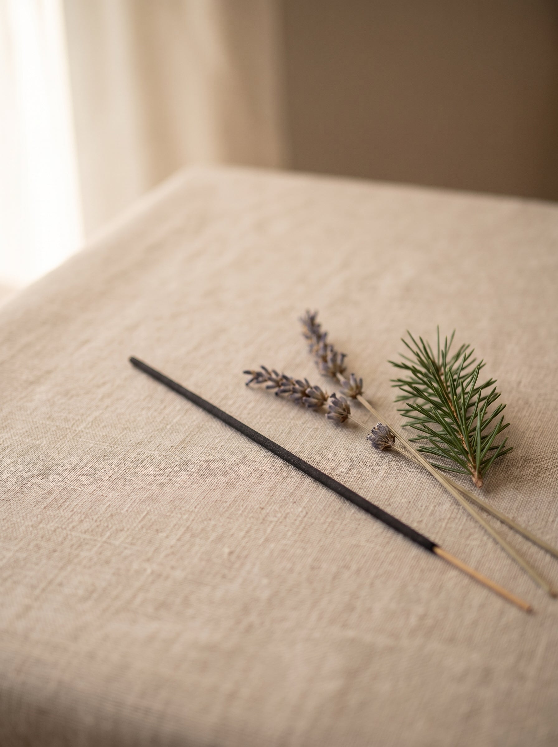 Sea Witch Botanicals New Moon incense stick with dried lavender and fir sprigs