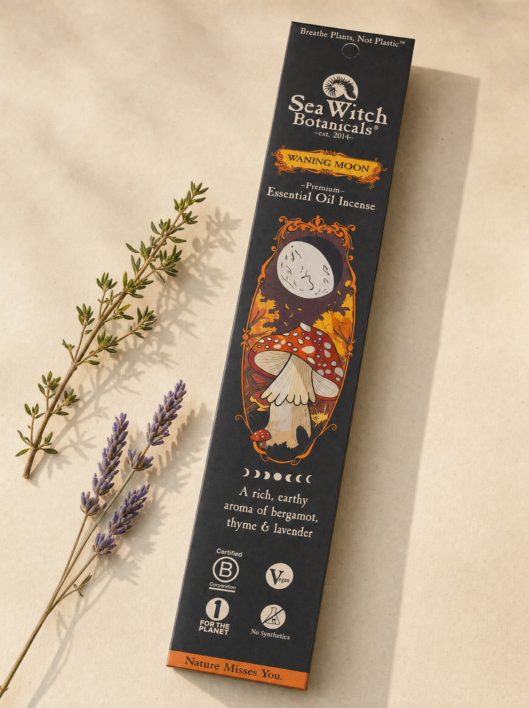 Sea Witch Botanicals Waning Moon incense box, bergamot thyme and lavender