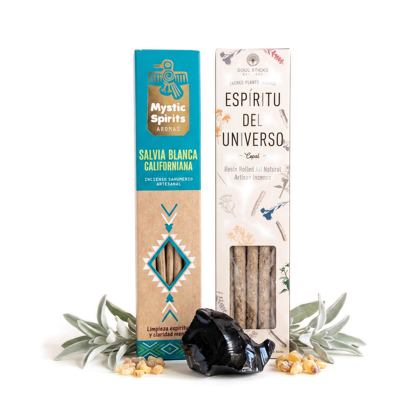 Combo Aire Nuevo: inciensos de copal y salvia blanca californiana, con obsidiana negra en bruto