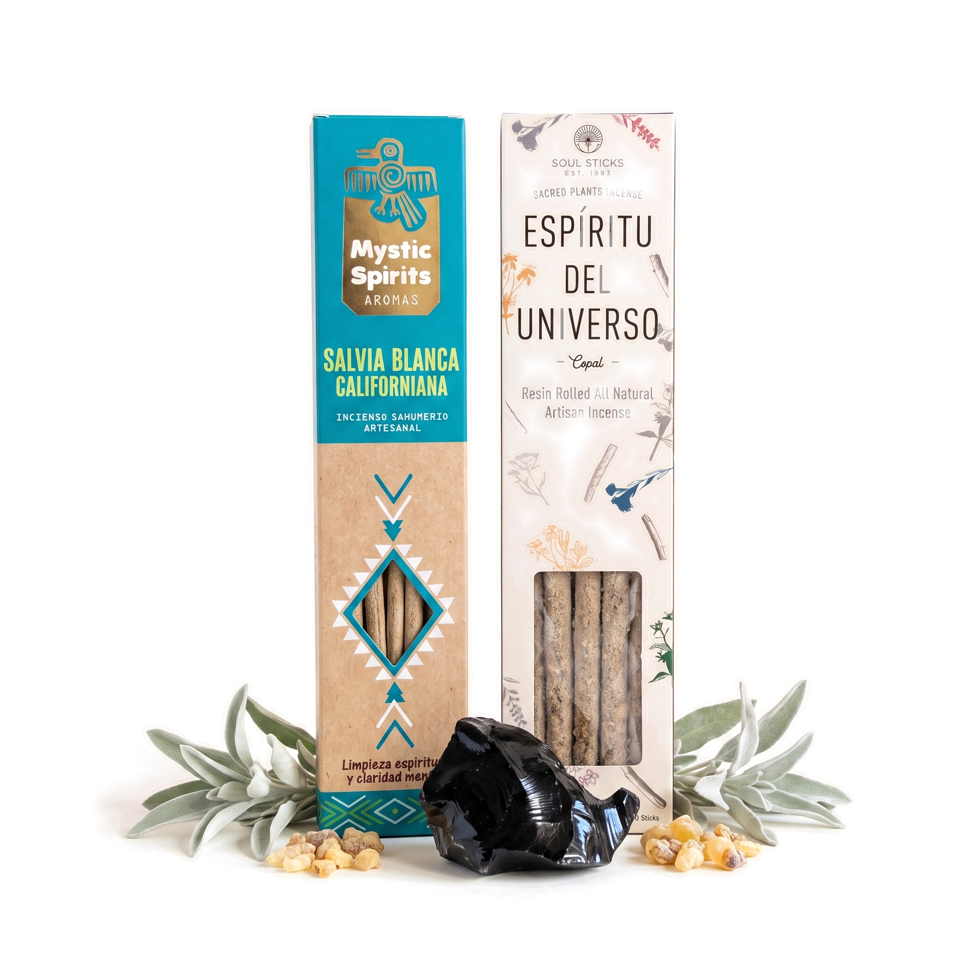 Combo Aire Nuevo: inciensos de copal y salvia blanca californiana, con obsidiana negra en bruto