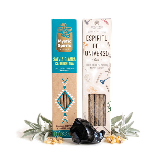 Combo Aire Nuevo: inciensos de copal y salvia blanca californiana, con obsidiana negra en bruto