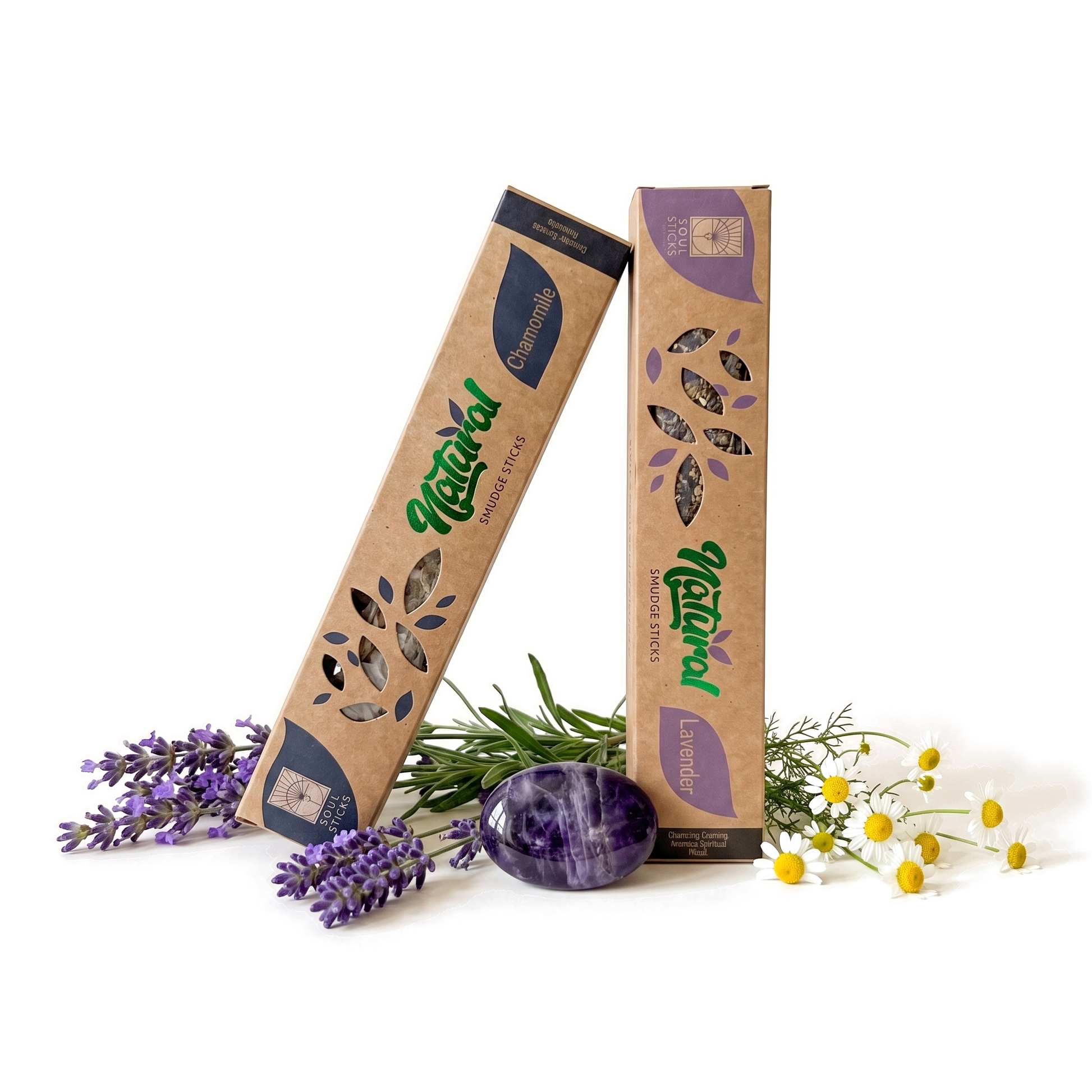 Combo Buenas Noches: inciensos Soul Sticks de manzanilla y lavanda, con una palm stone de amatista