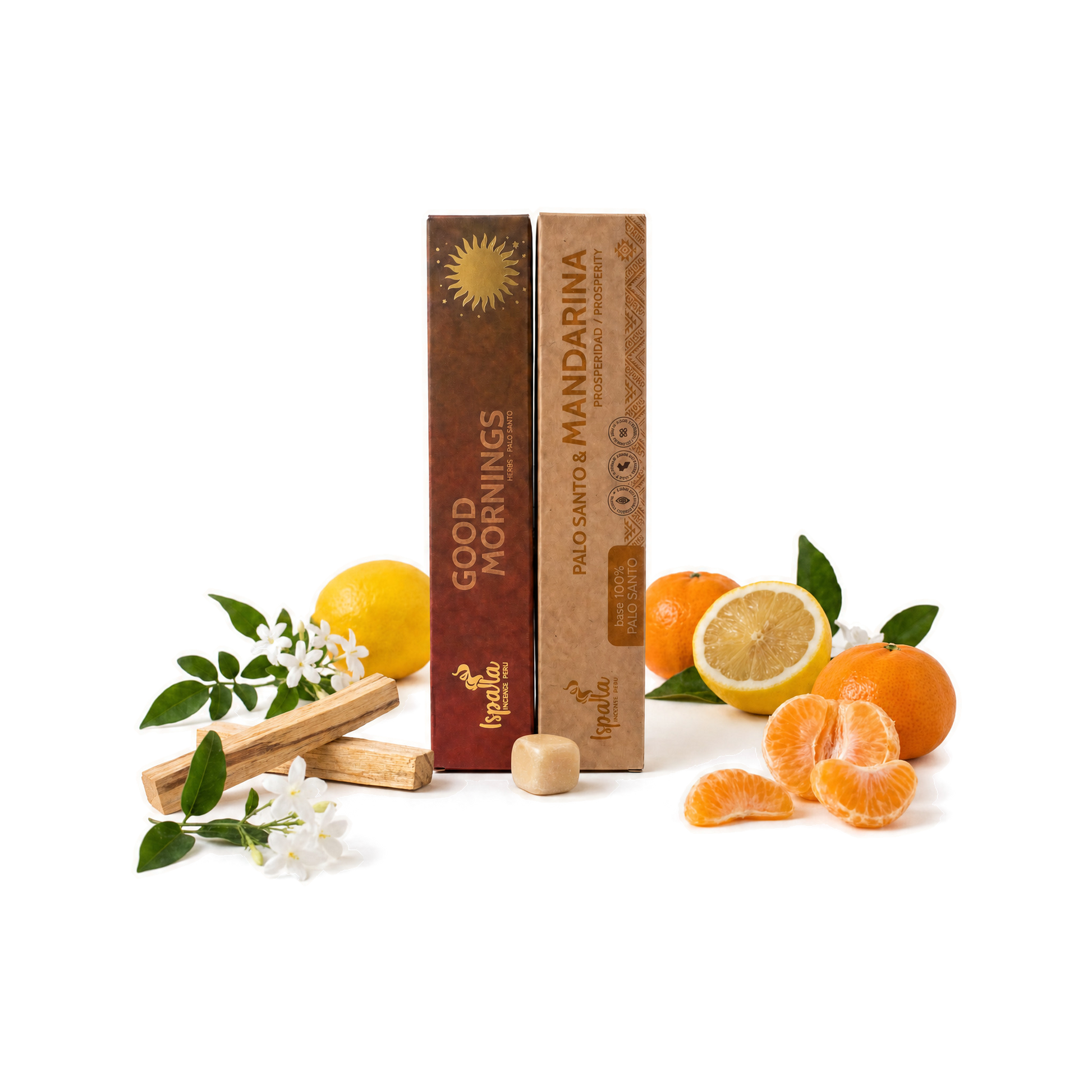 Combo Buenos Días: inciensos Ispalla Good Mornings y Palo Santo & Mandarina, con un topacio pulido