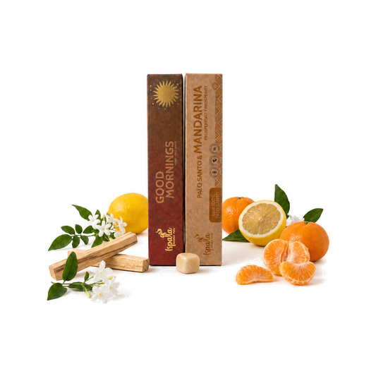 Combo Buenos Días: inciensos Ispalla Good Mornings y Palo Santo & Mandarina, con un topacio pulido